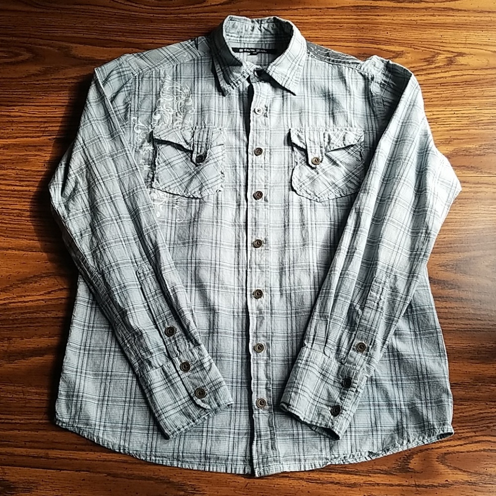 NWOT- Carbon Black Graphic Button Down Shirt